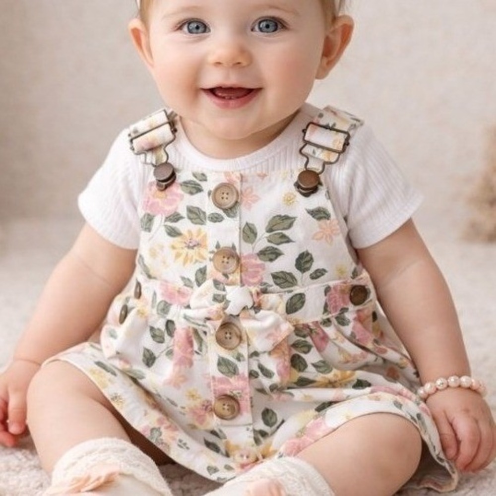 Little‎ Lass Girls Size 12M Floral Print Overall Denim Dress Pink Yellow White